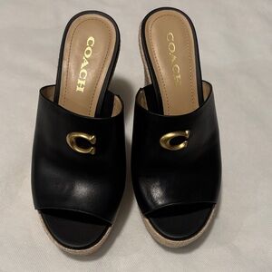 Coach Black Leather Mules with Gold Accents